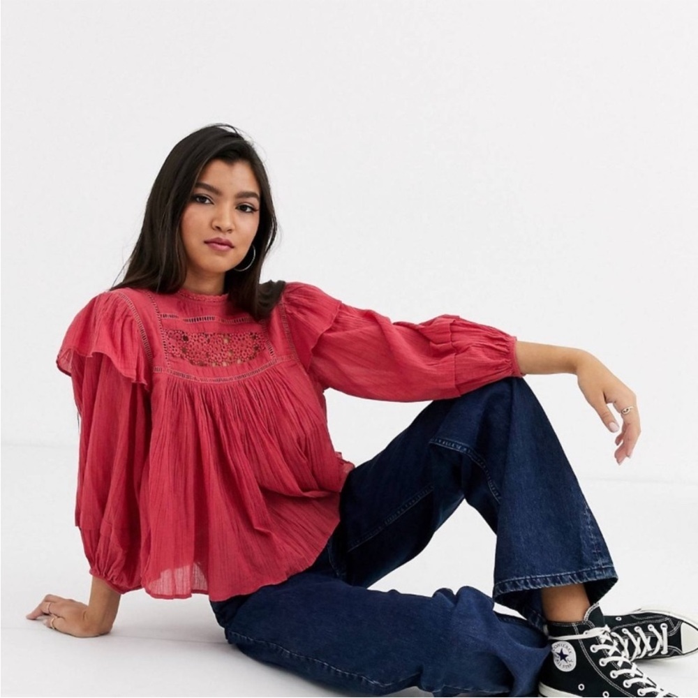 Free People Laura Cotton Puff Sleeves Eyelet Gauze Top Red Berry Sz S Blouse